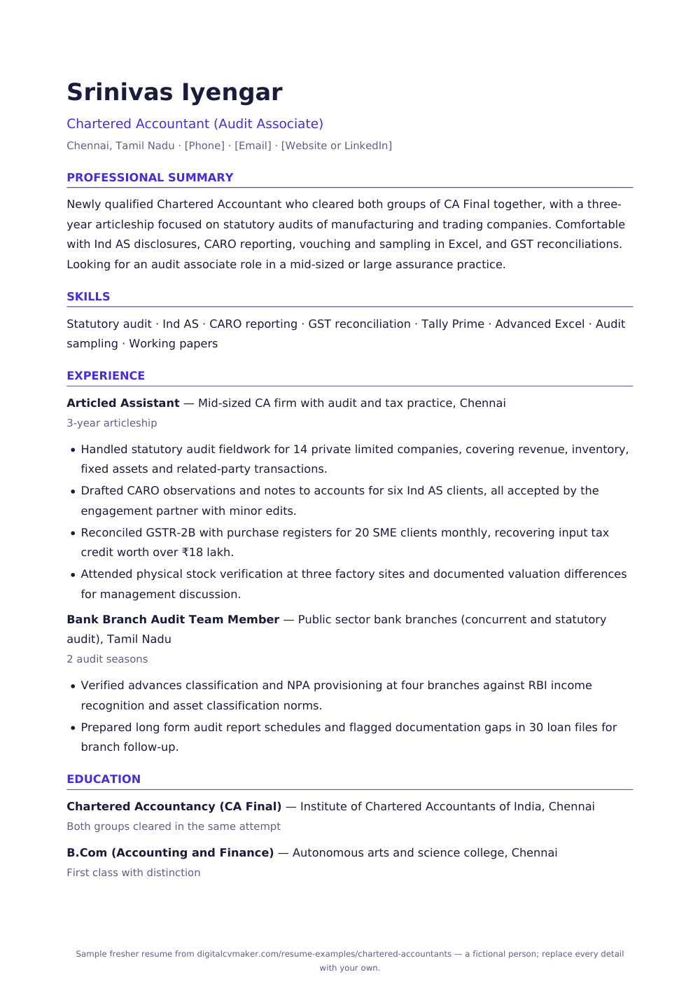 Sample fresher chartered accountant resume (page 1)