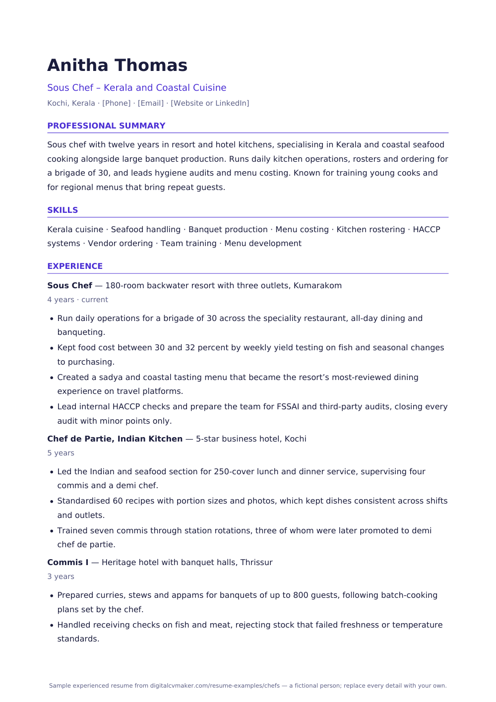 Sample chef resume, page 1 of the PDF
