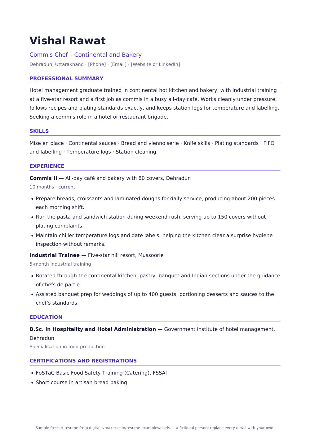 Sample fresher chef resume (page 1)