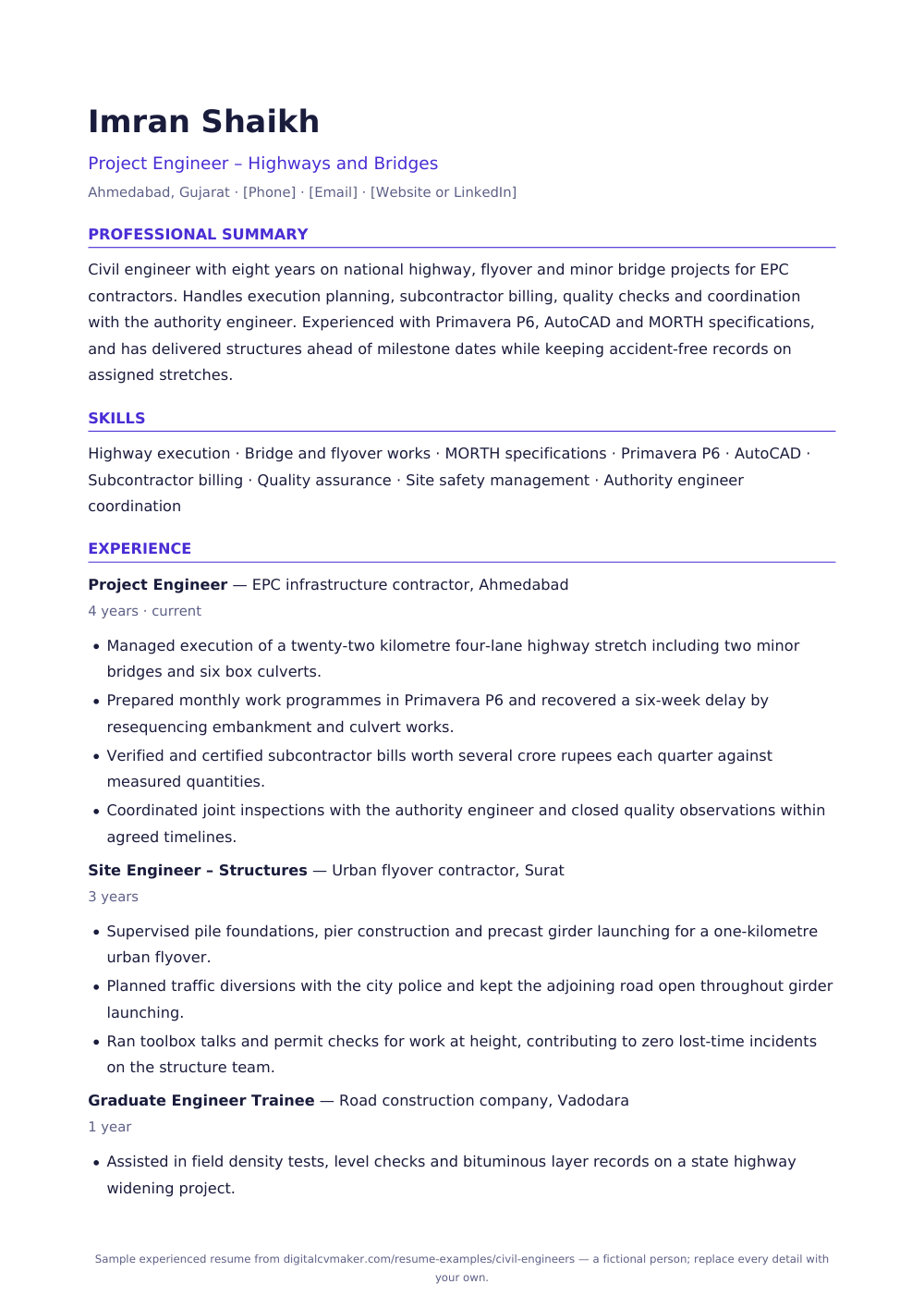 Sample experienced civil engineer resume (page 1)