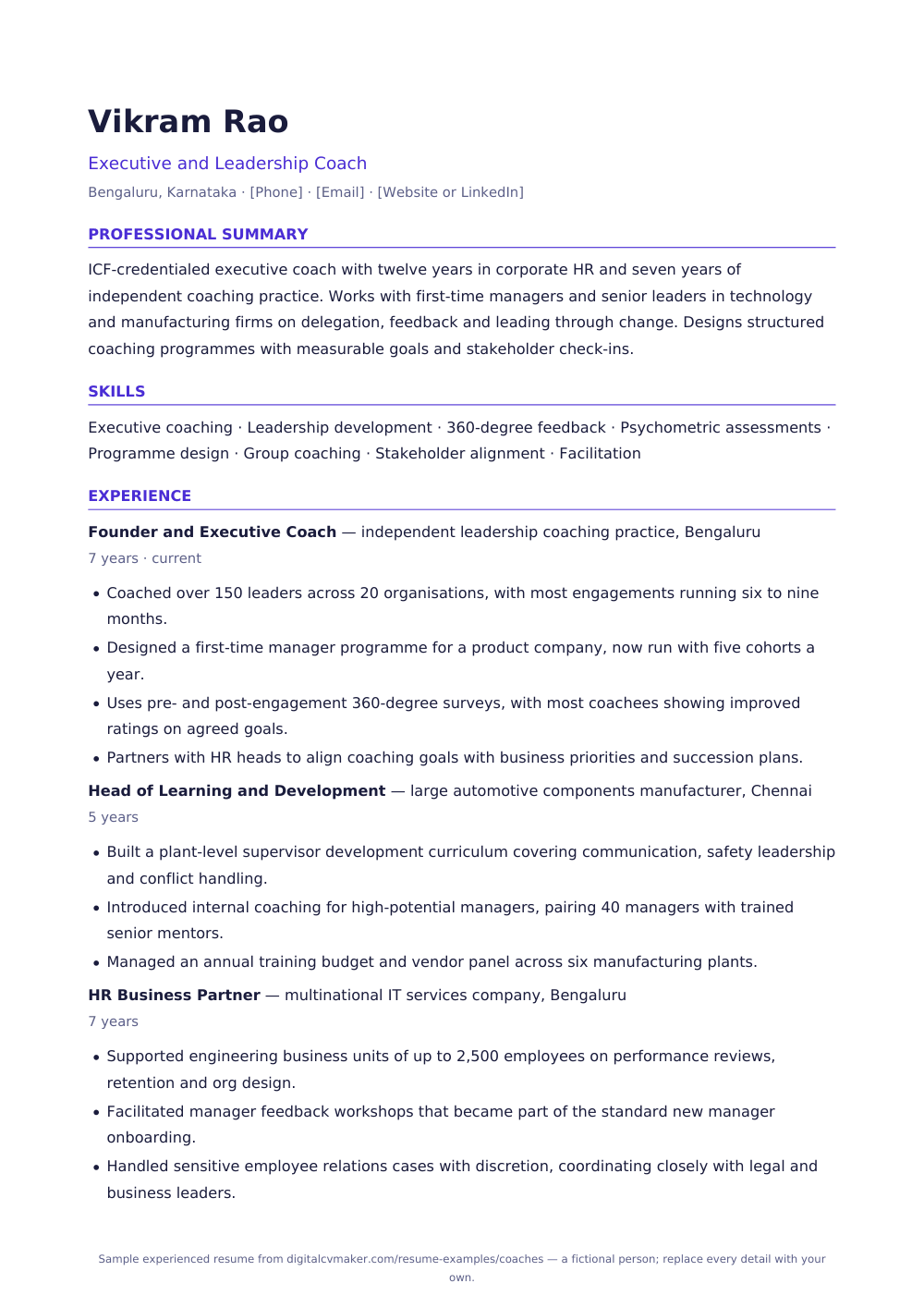 Sample experienced coach resume (page 1)