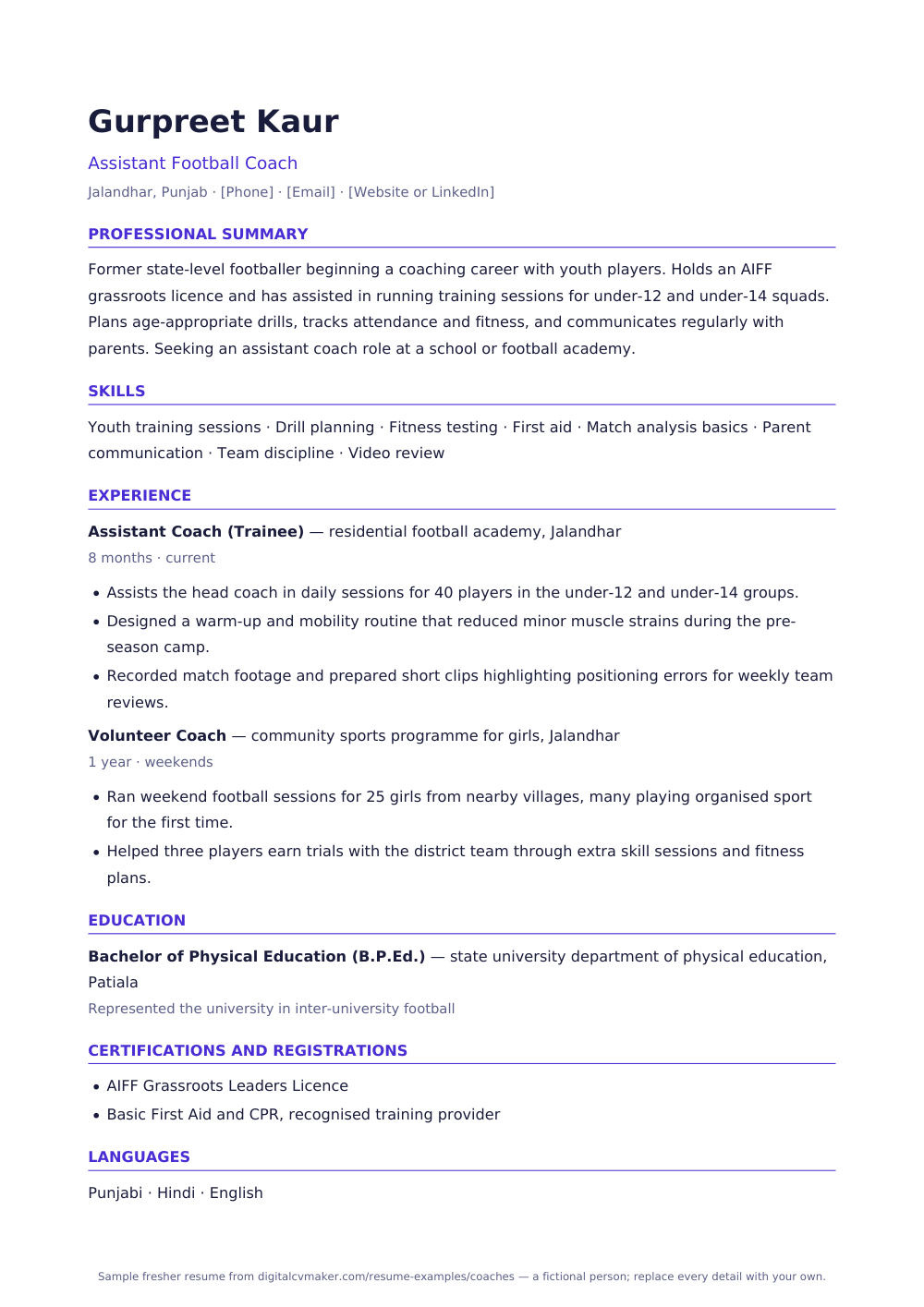 Sample fresher coach resume (page 1)