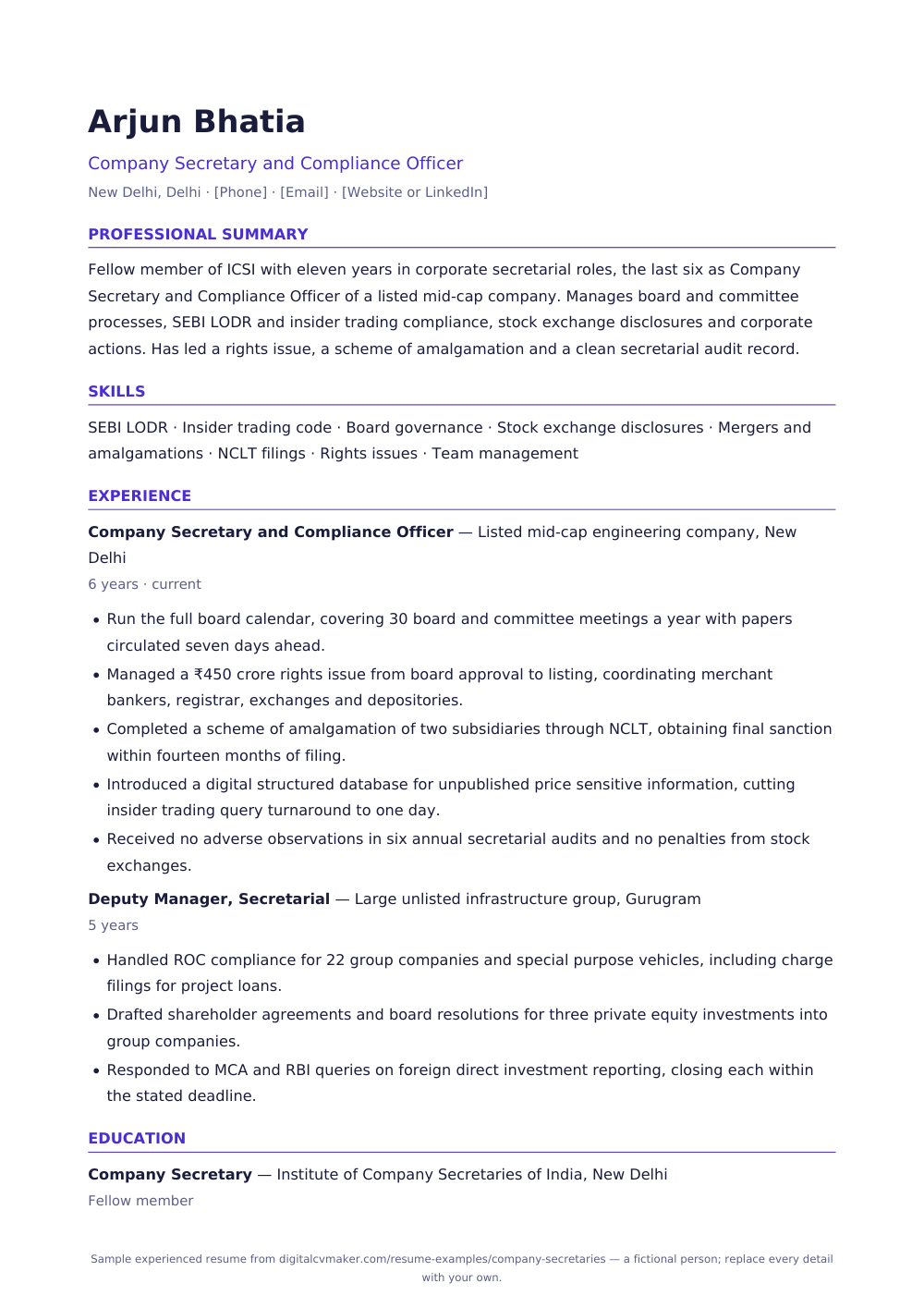 Sample experienced company secretary resume (page 1)