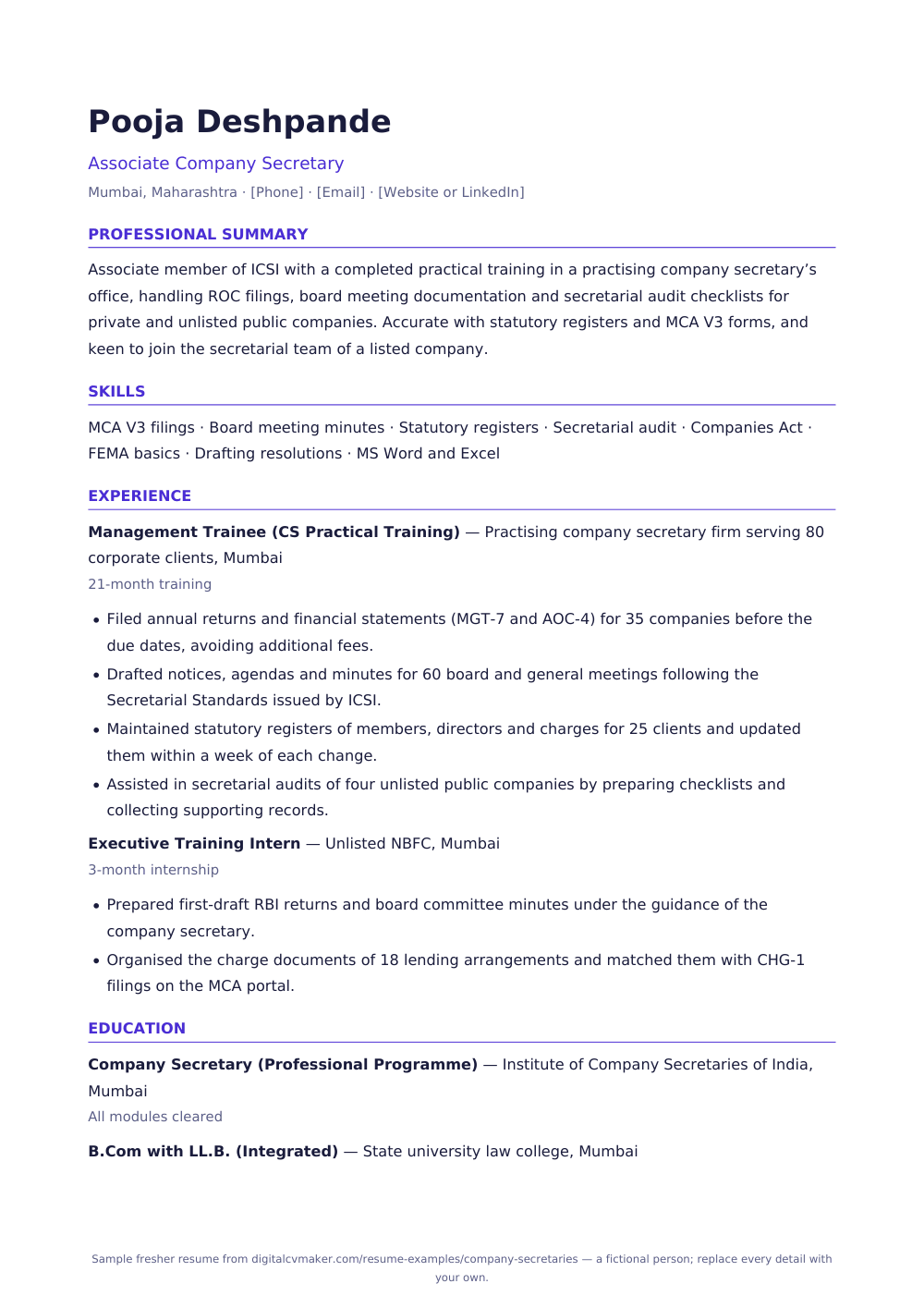 Sample fresher company secretary resume (page 1)