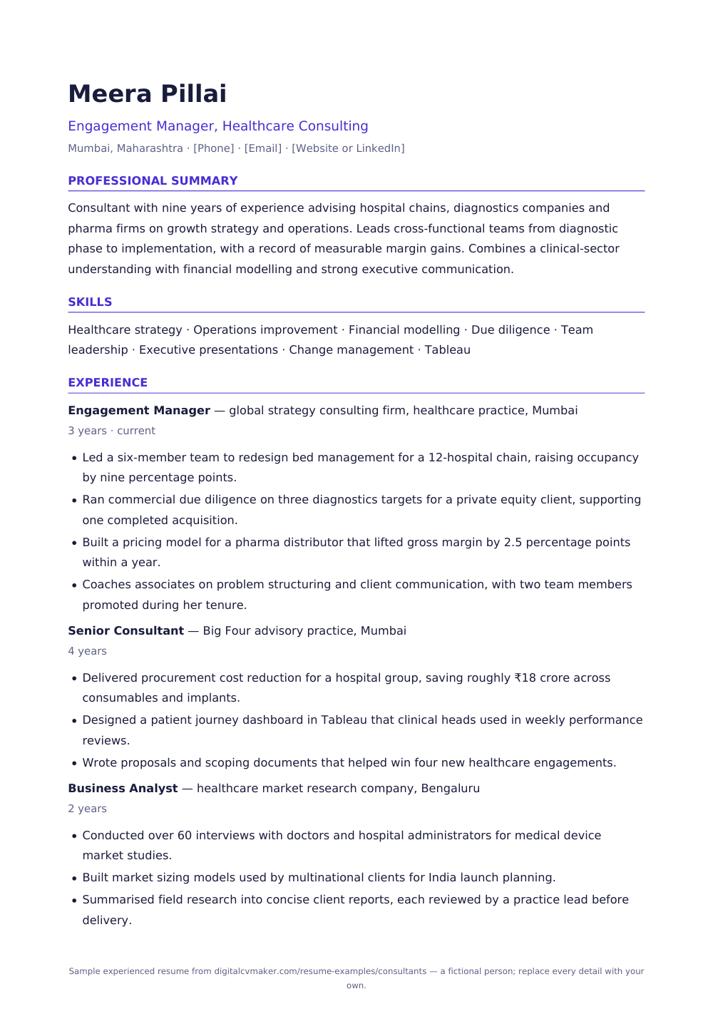 Sample experienced consultant resume (page 1)