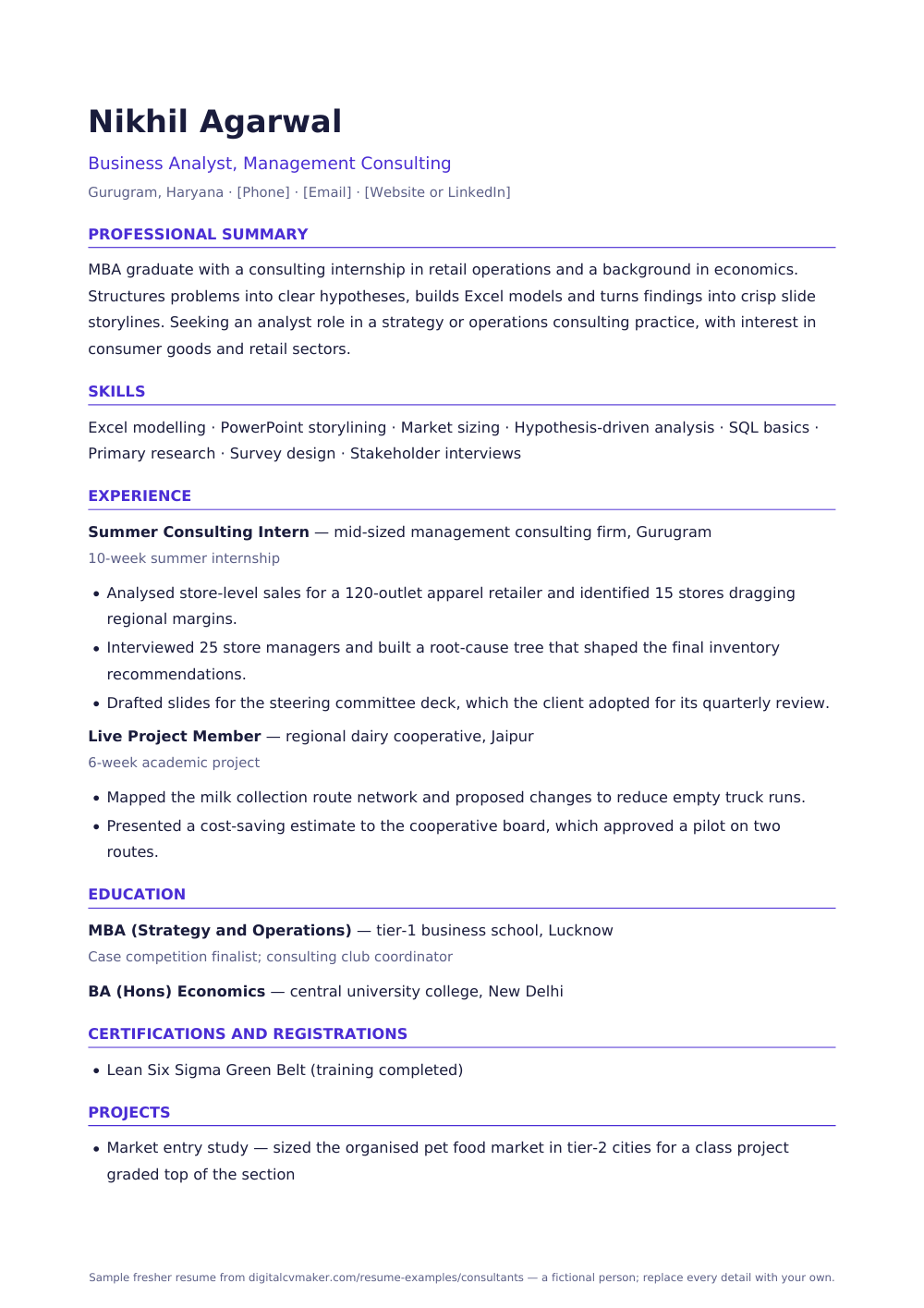 Sample fresher consultant resume (page 1)