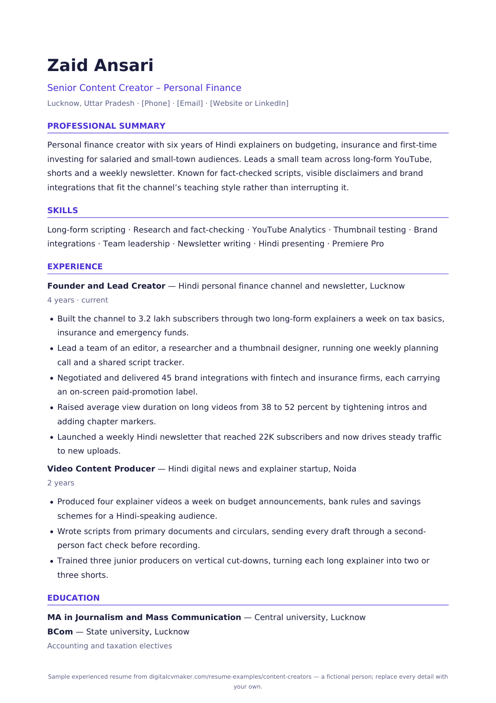 Sample experienced content creator resume (page 1)