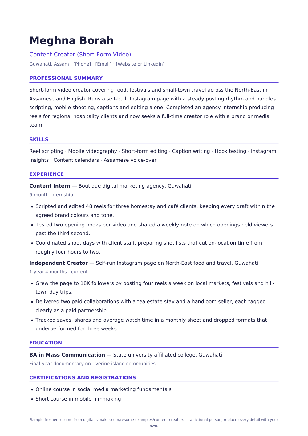 Sample fresher content creator resume (page 1)
