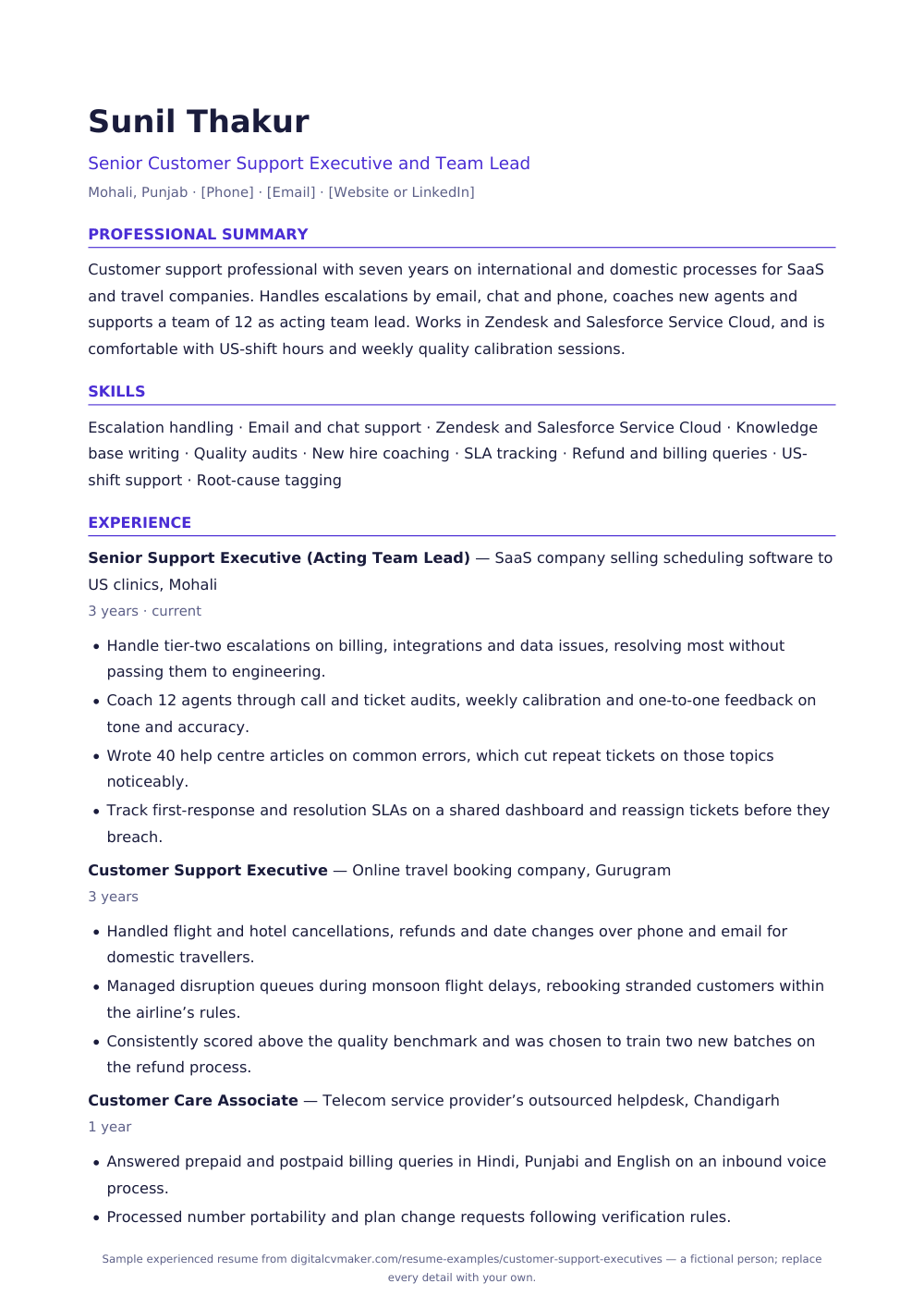 Sample experienced customer support executive resume (page 1)