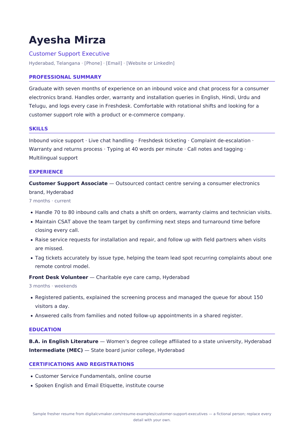 Sample fresher customer support executive resume (page 1)