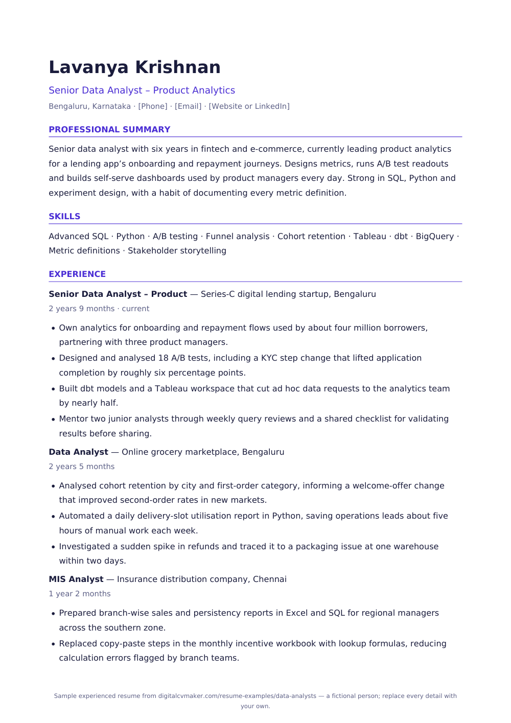 Sample experienced data analyst resume (page 1)