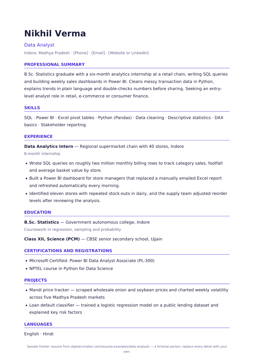 Sample fresher data analyst resume (page 1)