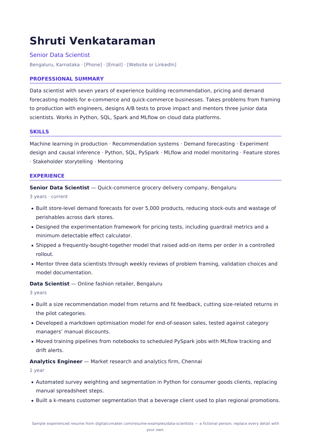Sample data scientist resume, page 1 of the PDF