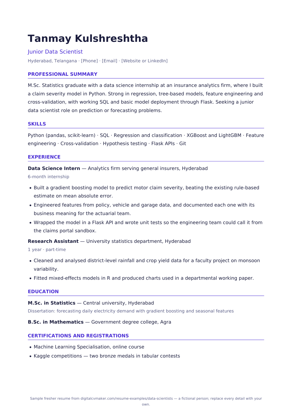 Sample fresher data scientist resume (page 1)