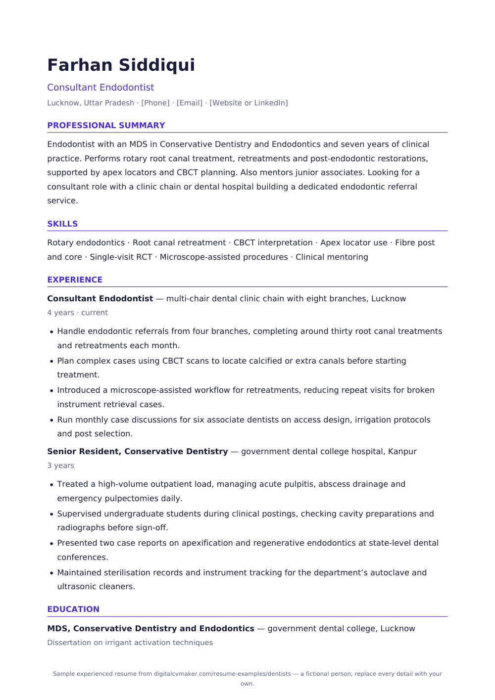 Sample dentist resume, page 1 of the PDF