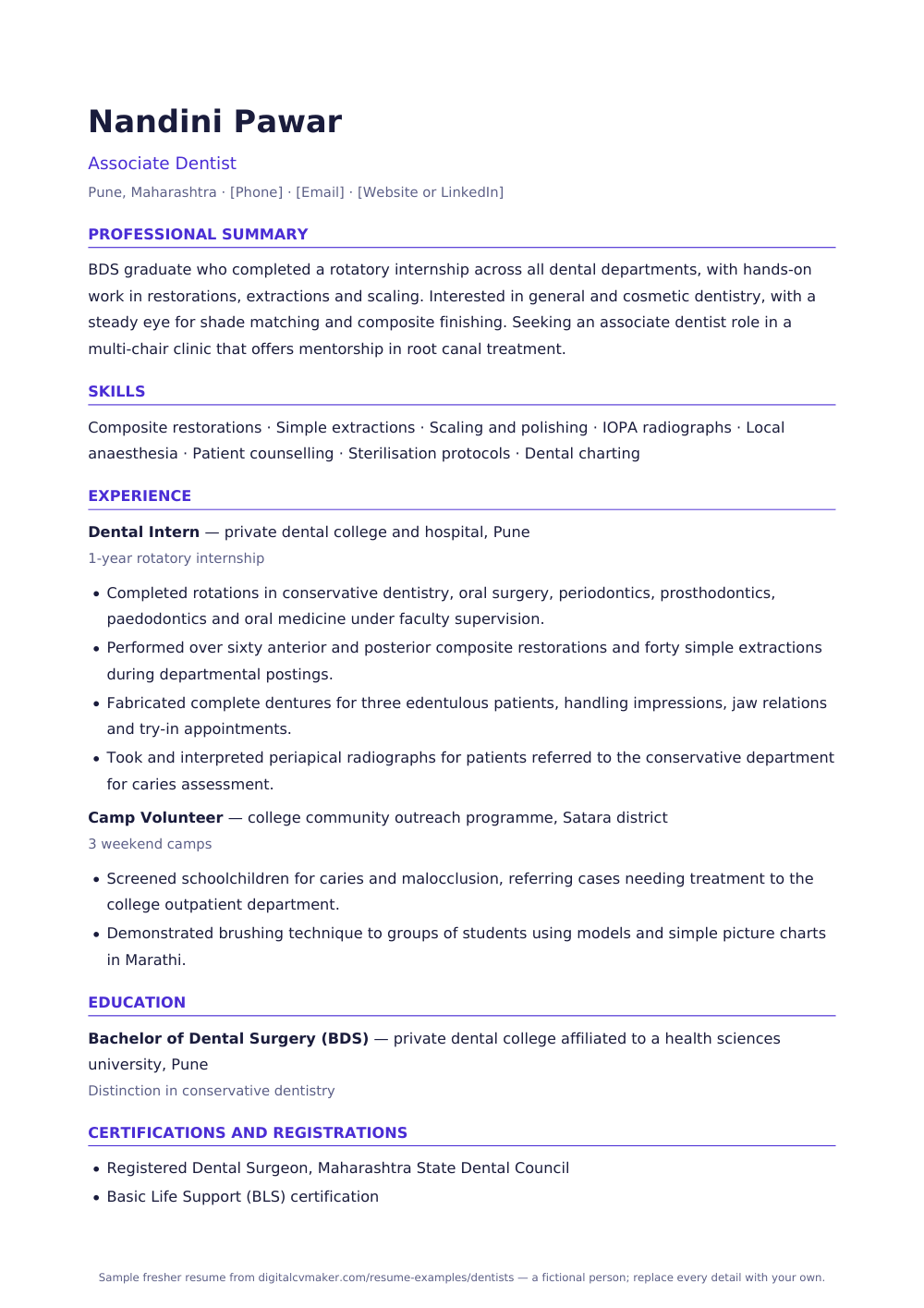 Sample fresher dentist resume (page 1)