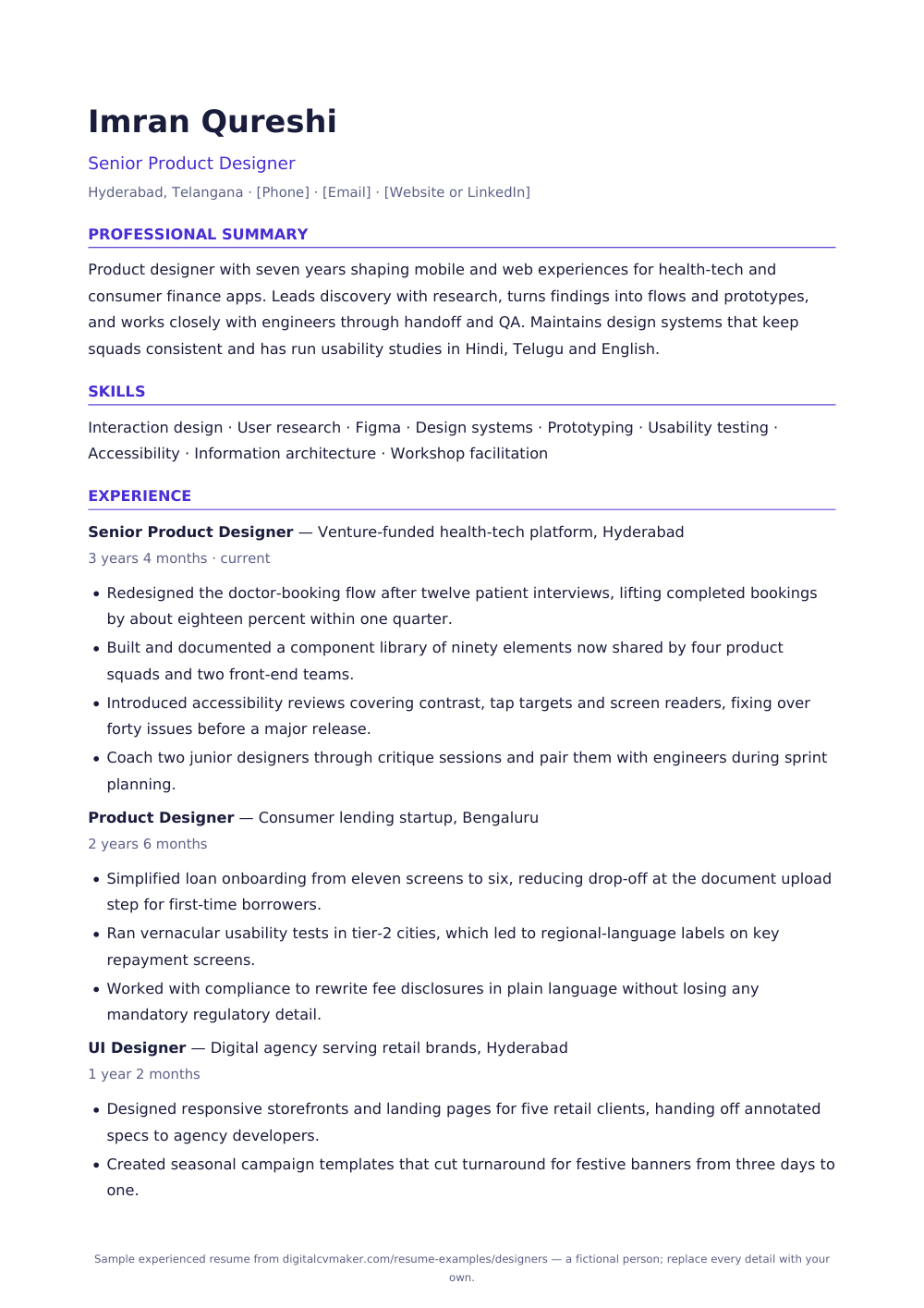 Sample experienced designer resume (page 1)