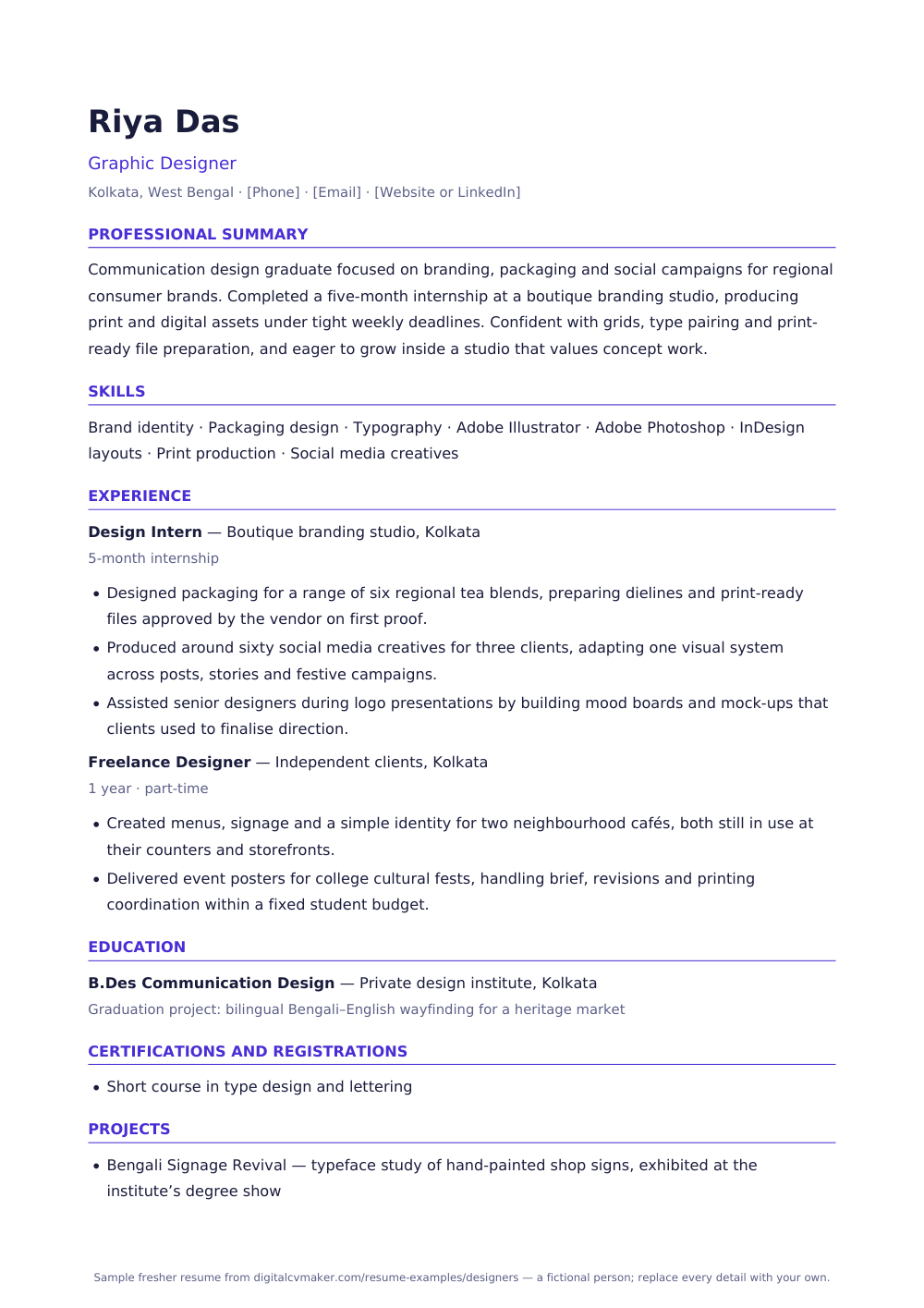 Sample fresher designer resume (page 1)
