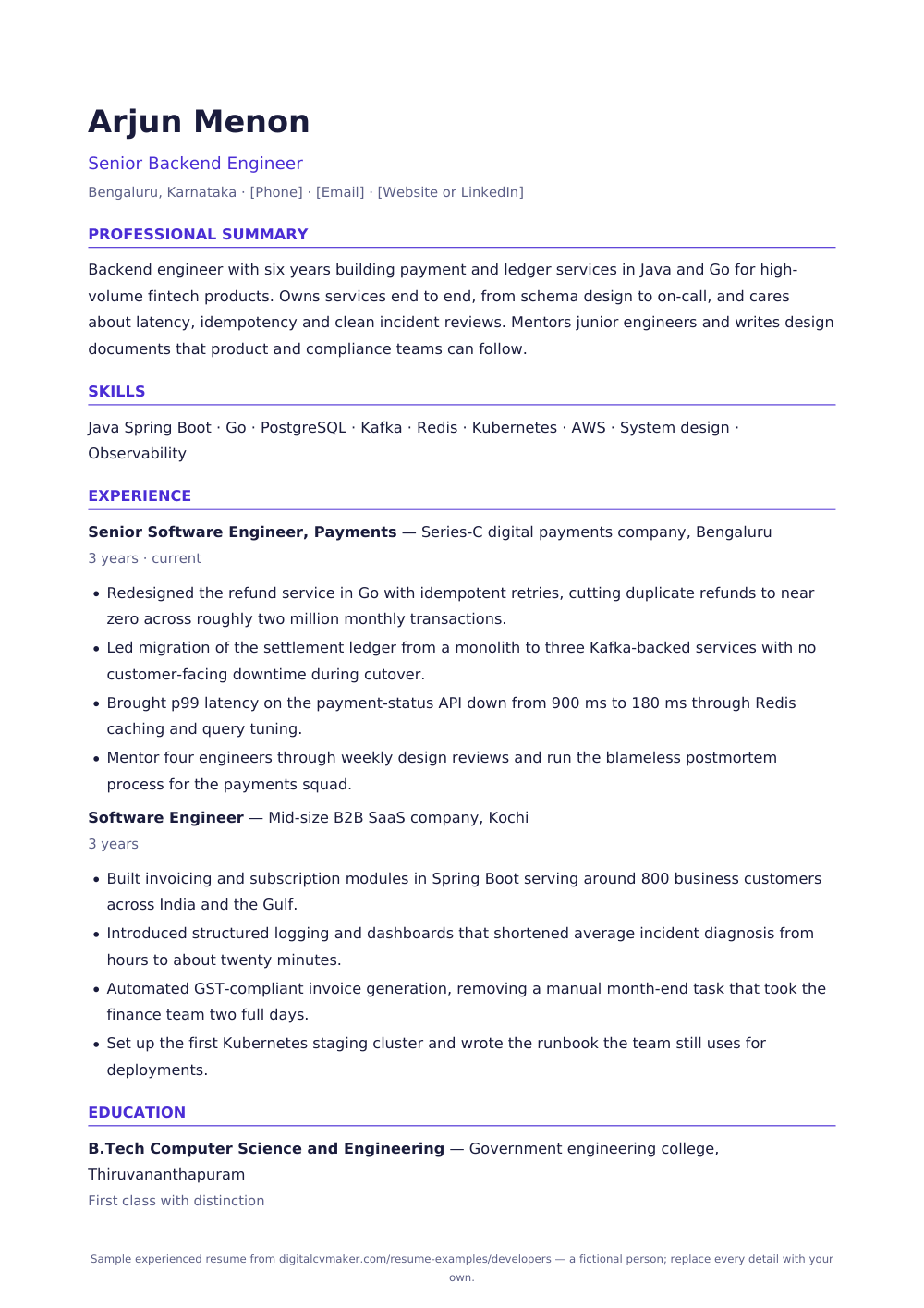 Sample experienced developer resume (page 1)
