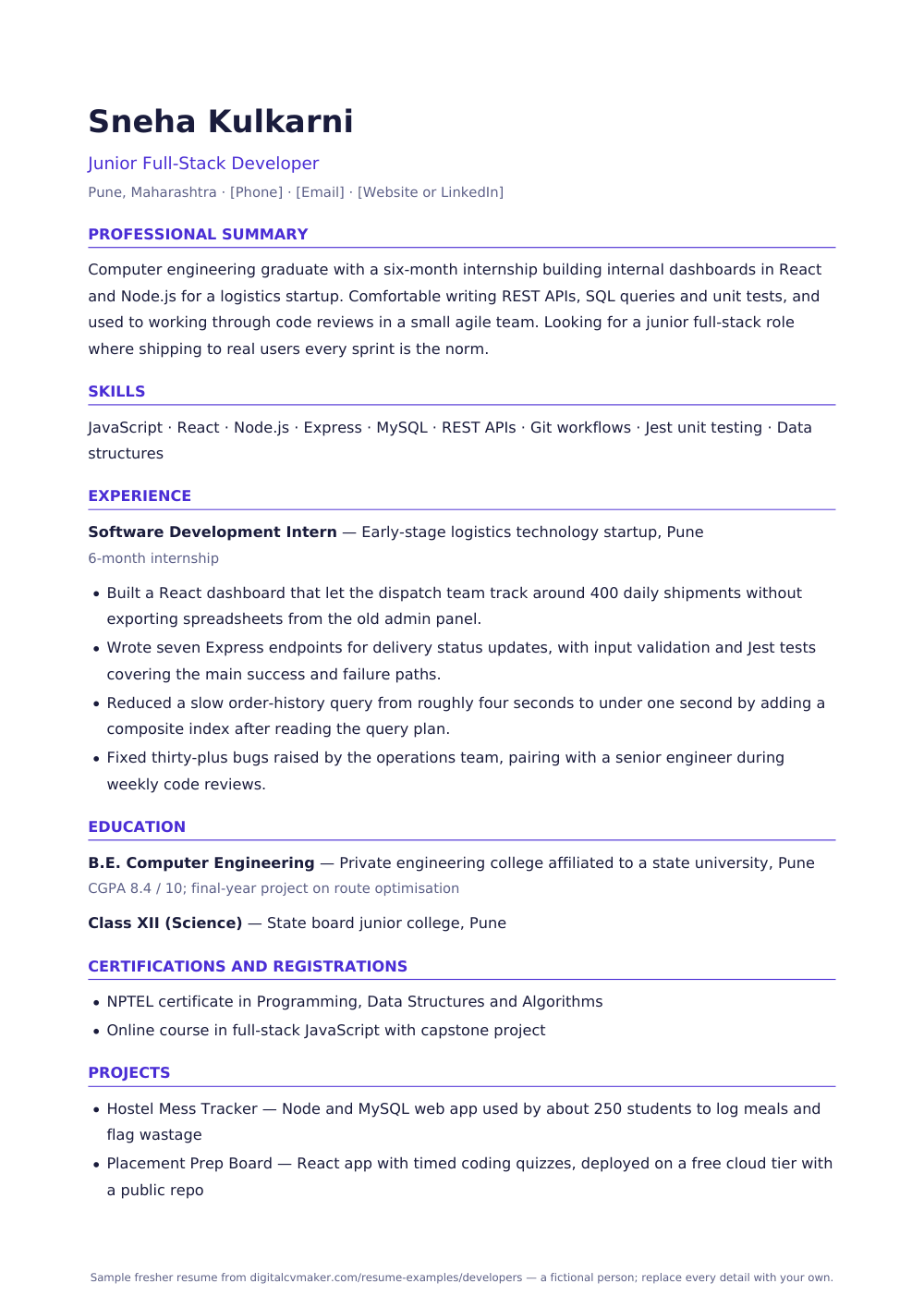 Sample fresher developer resume (page 1)