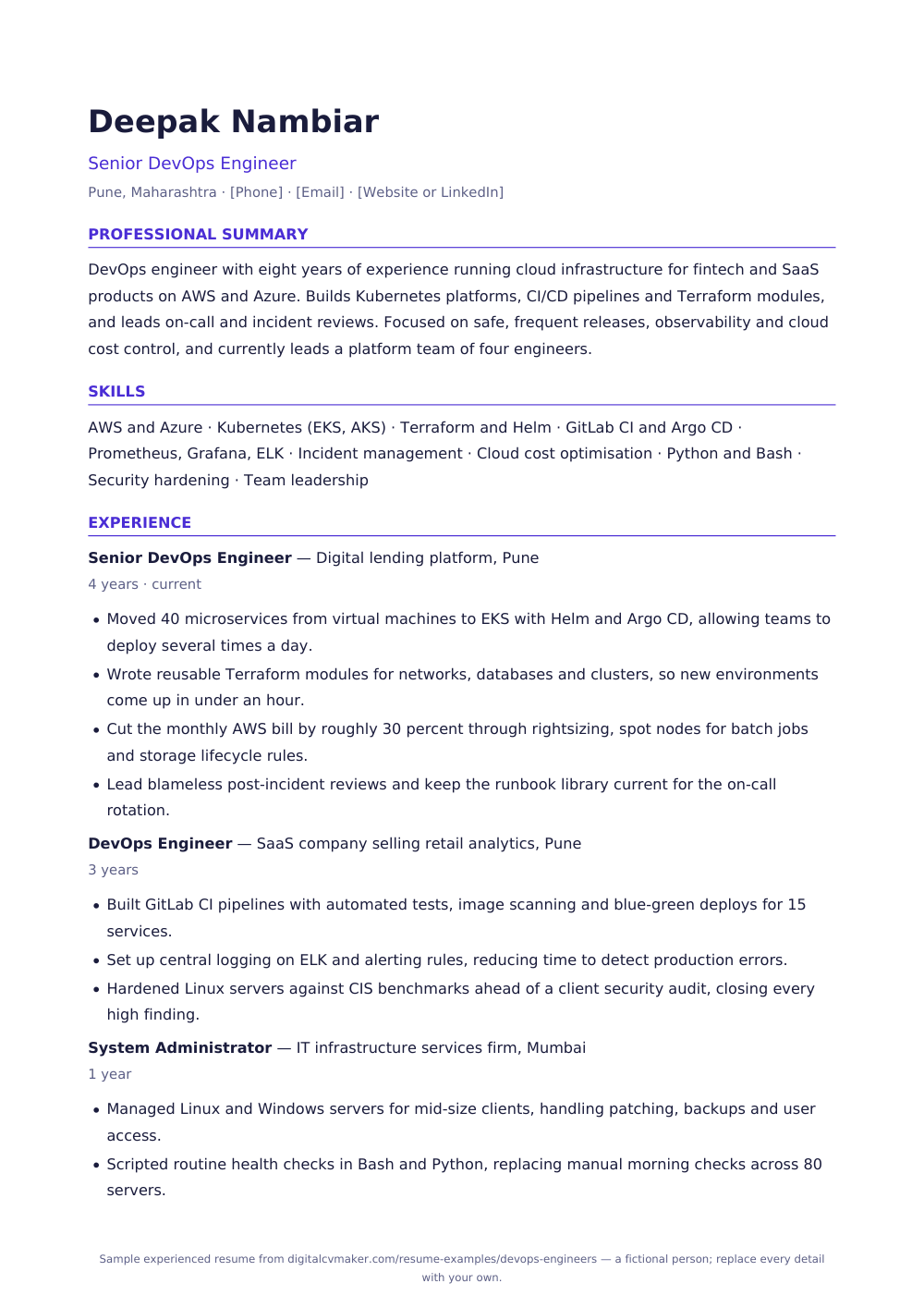 Sample experienced DevOps engineer resume (page 1)