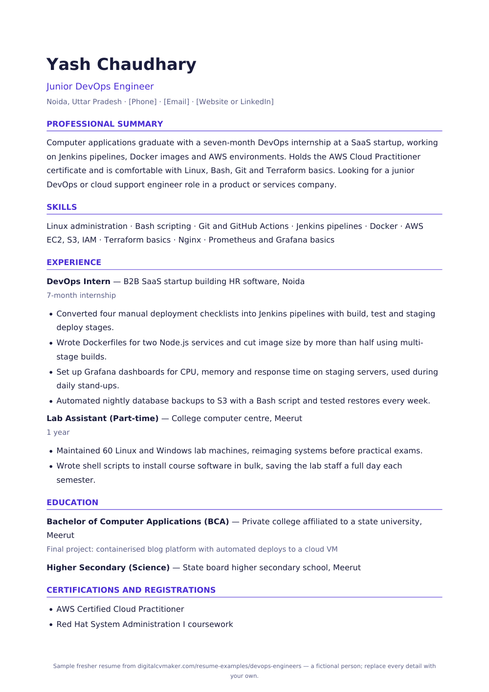 Sample fresher DevOps engineer resume (page 1)