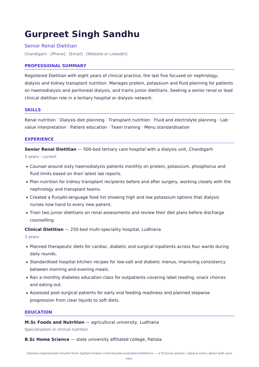 Sample experienced dietitian resume (page 1)