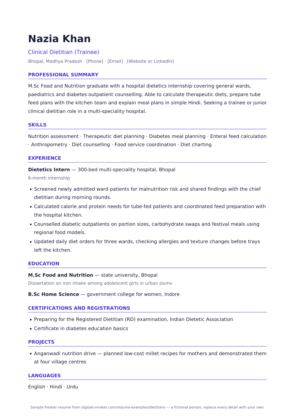Sample fresher dietitian resume (page 1)