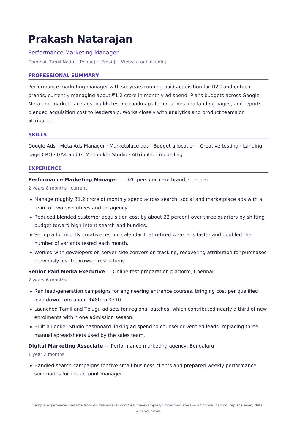 Sample digital marketer resume, page 1 of the PDF