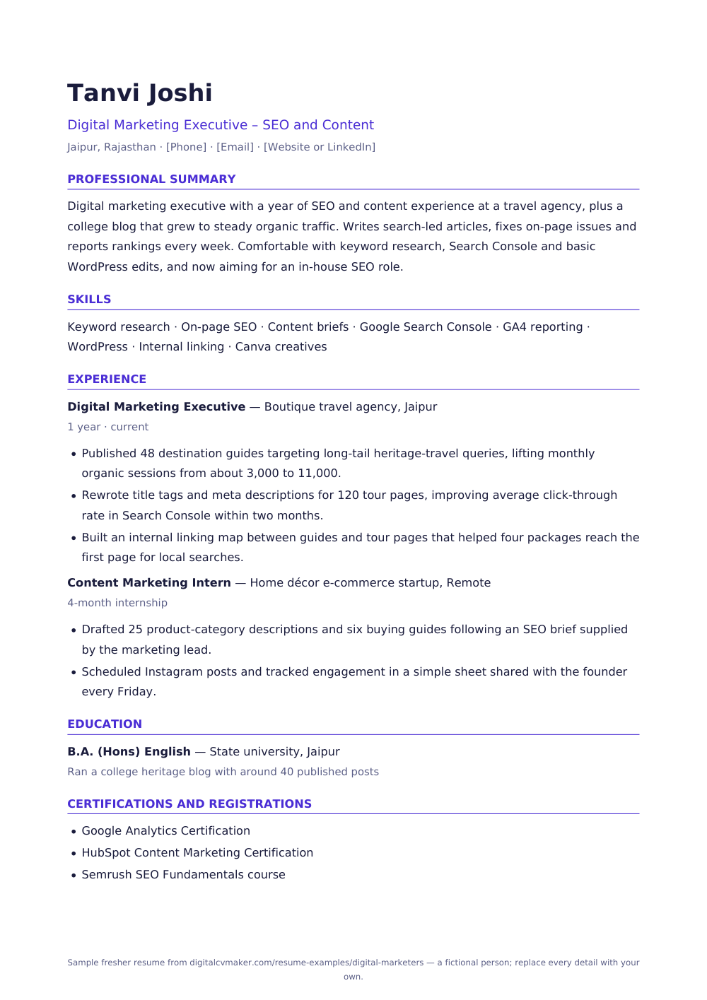 Sample fresher digital marketer resume (page 1)