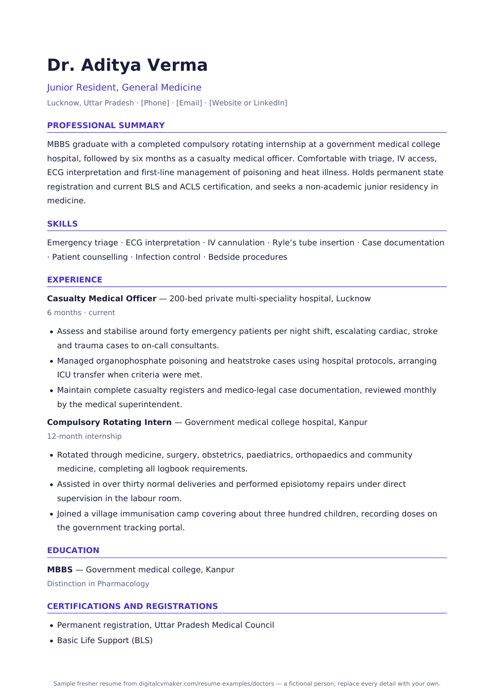 Sample fresher doctor resume (page 1)