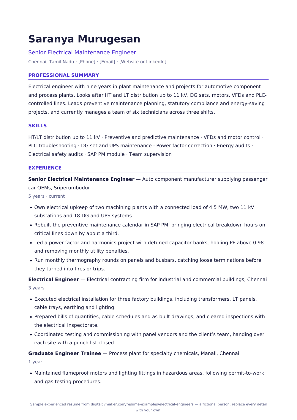 Sample electrical engineer resume, page 1 of the PDF