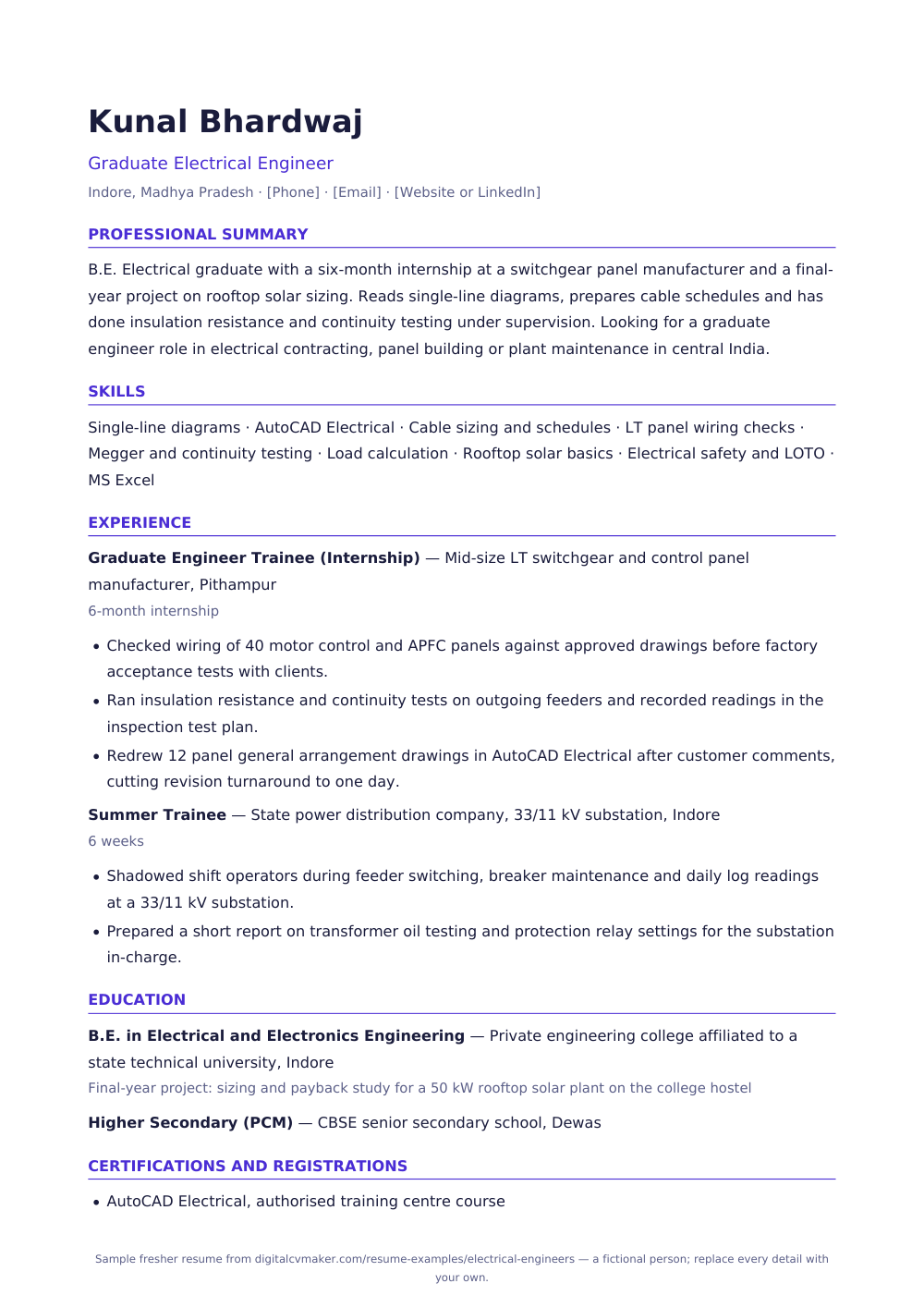 Sample fresher electrical engineer resume (page 1)