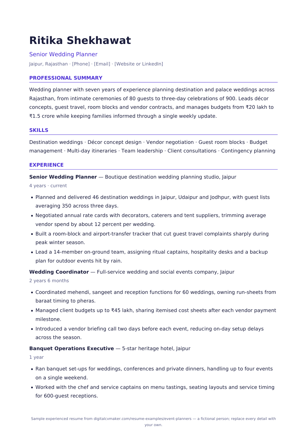 Sample experienced event planner resume (page 1)