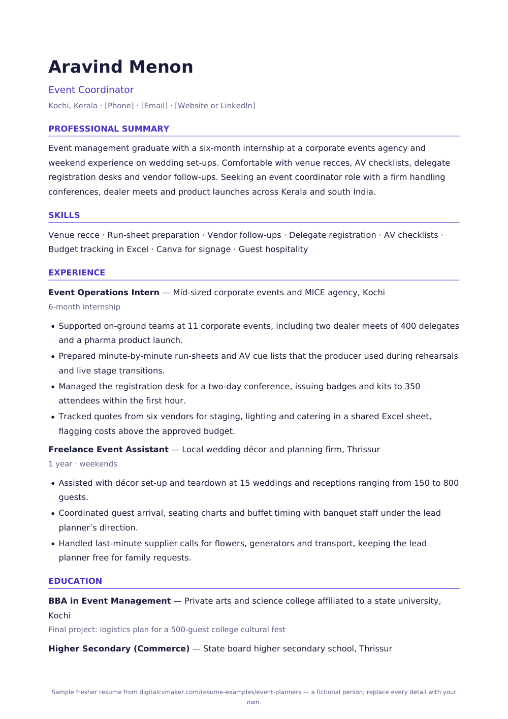 Sample fresher event planner resume (page 1)