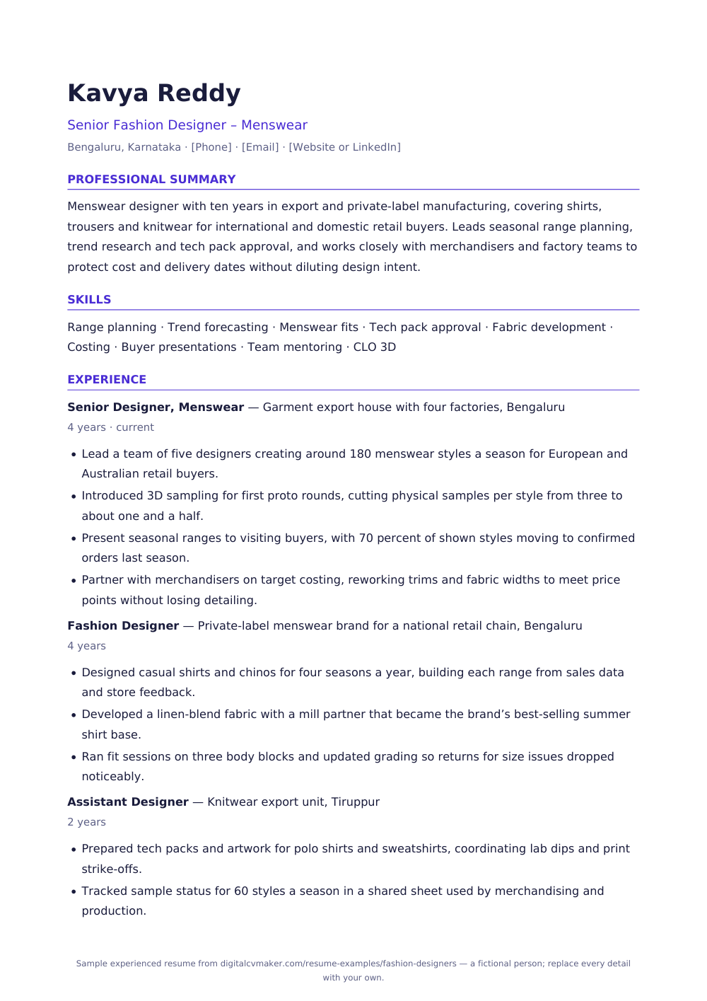 Sample experienced fashion designer resume (page 1)