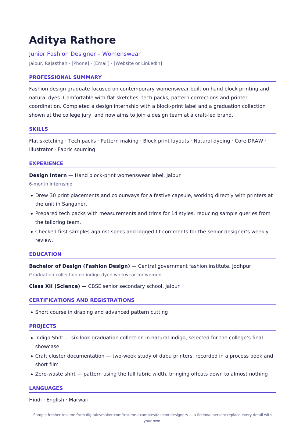 Sample fresher fashion designer resume (page 1)