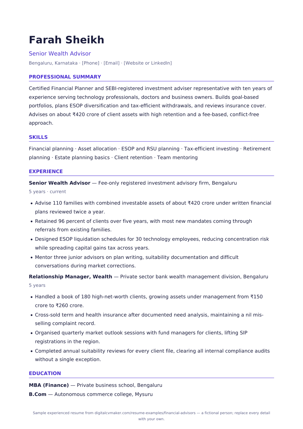 Sample experienced financial advisor resume (page 1)