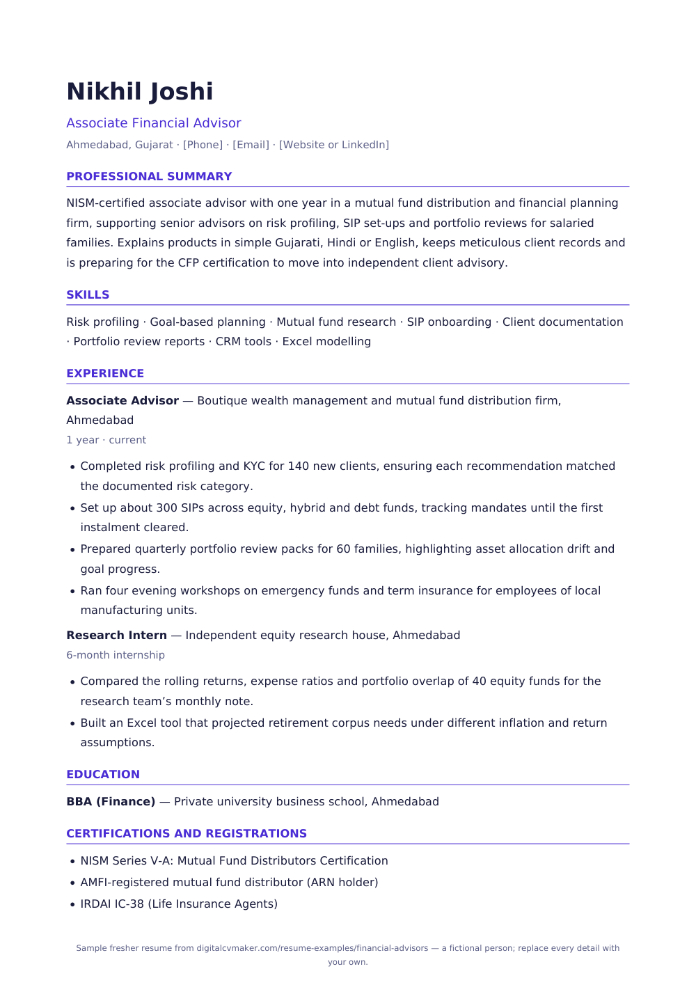 Sample fresher financial advisor resume (page 1)