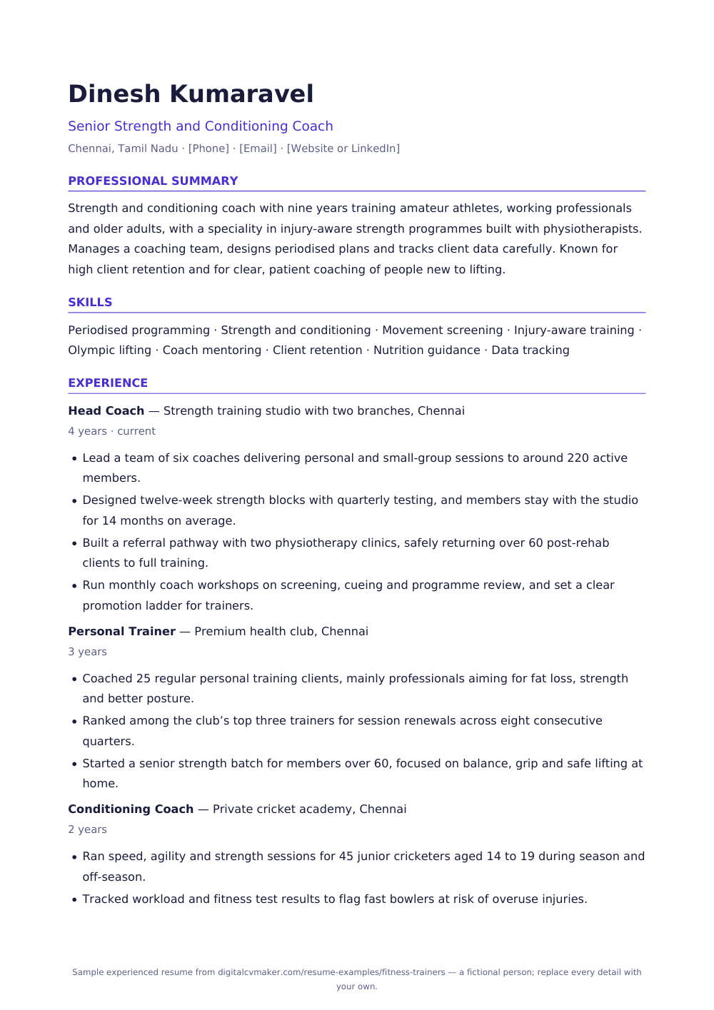 Sample experienced fitness trainer resume (page 1)