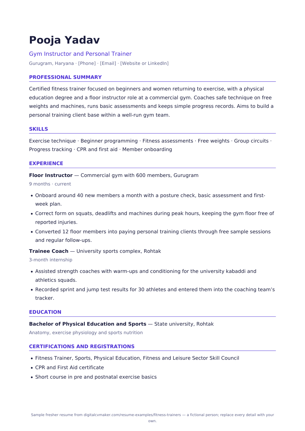 Sample fresher fitness trainer resume (page 1)