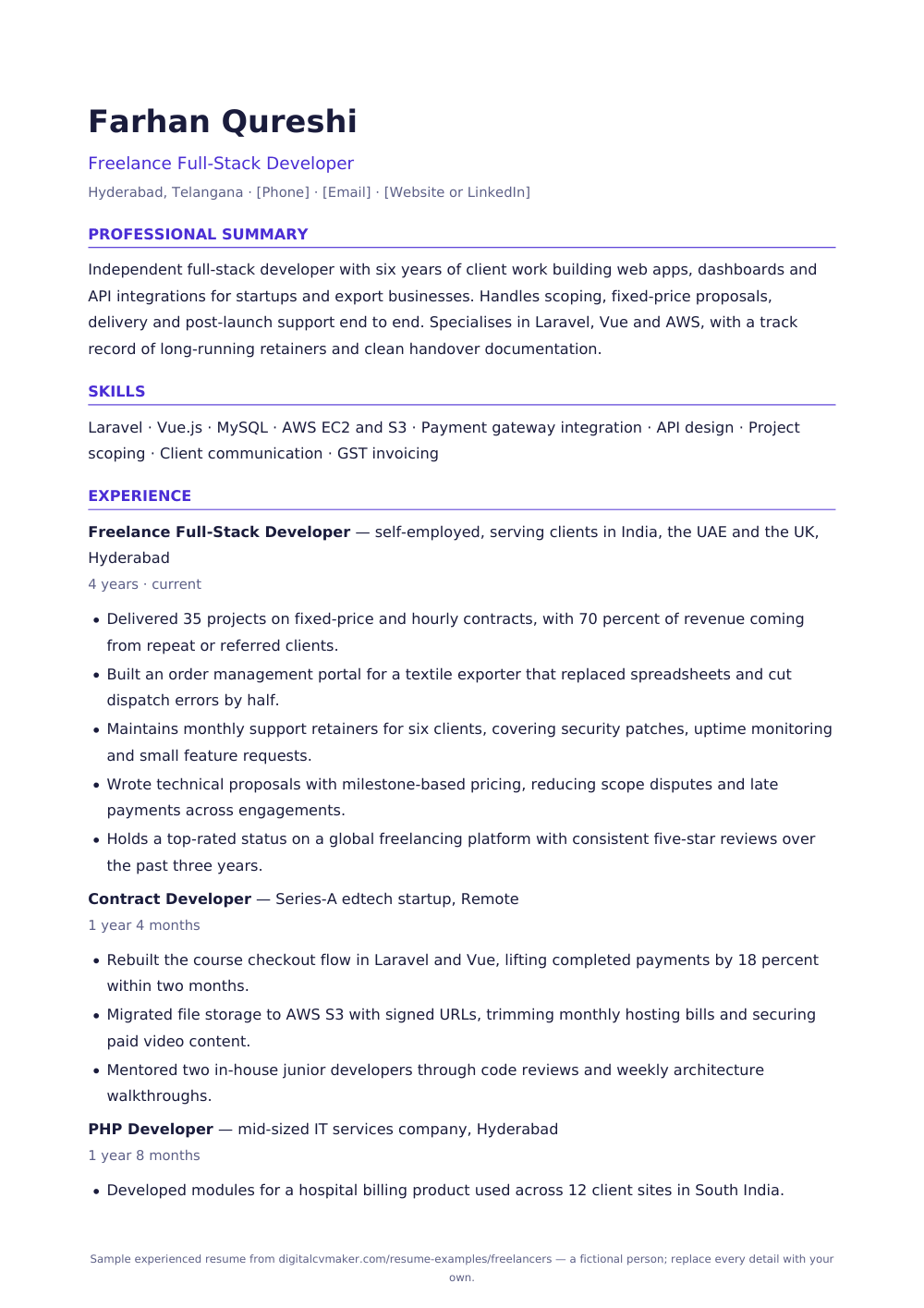 Sample experienced freelancer resume (page 1)
