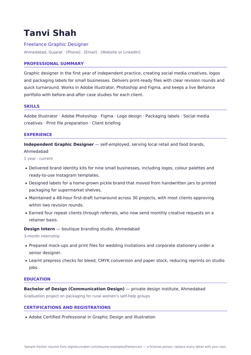 Sample fresher freelancer resume (page 1)