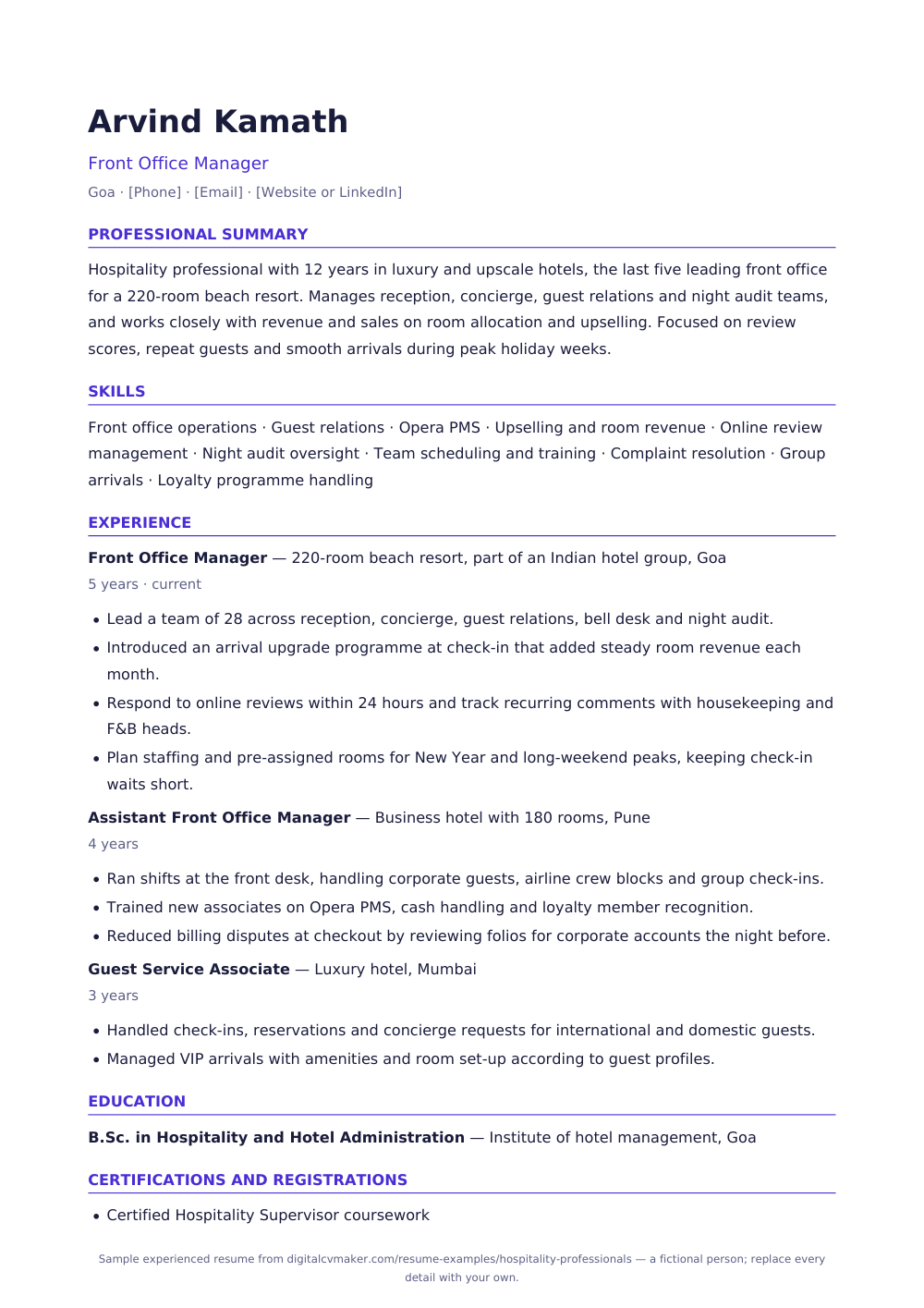 Sample experienced hospitality professional resume (page 1)