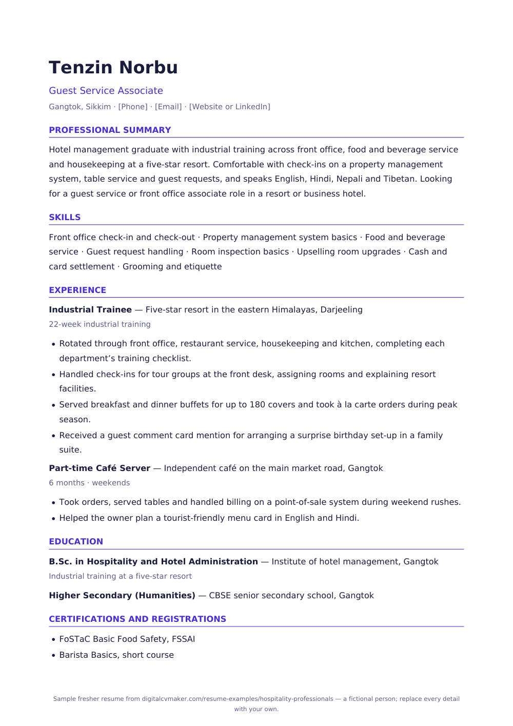 Sample fresher hospitality professional resume (page 1)