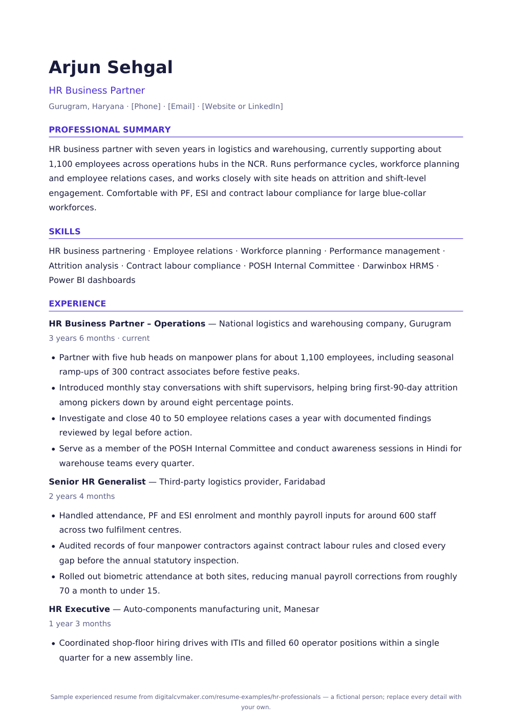 Sample experienced HR professional resume (page 1)