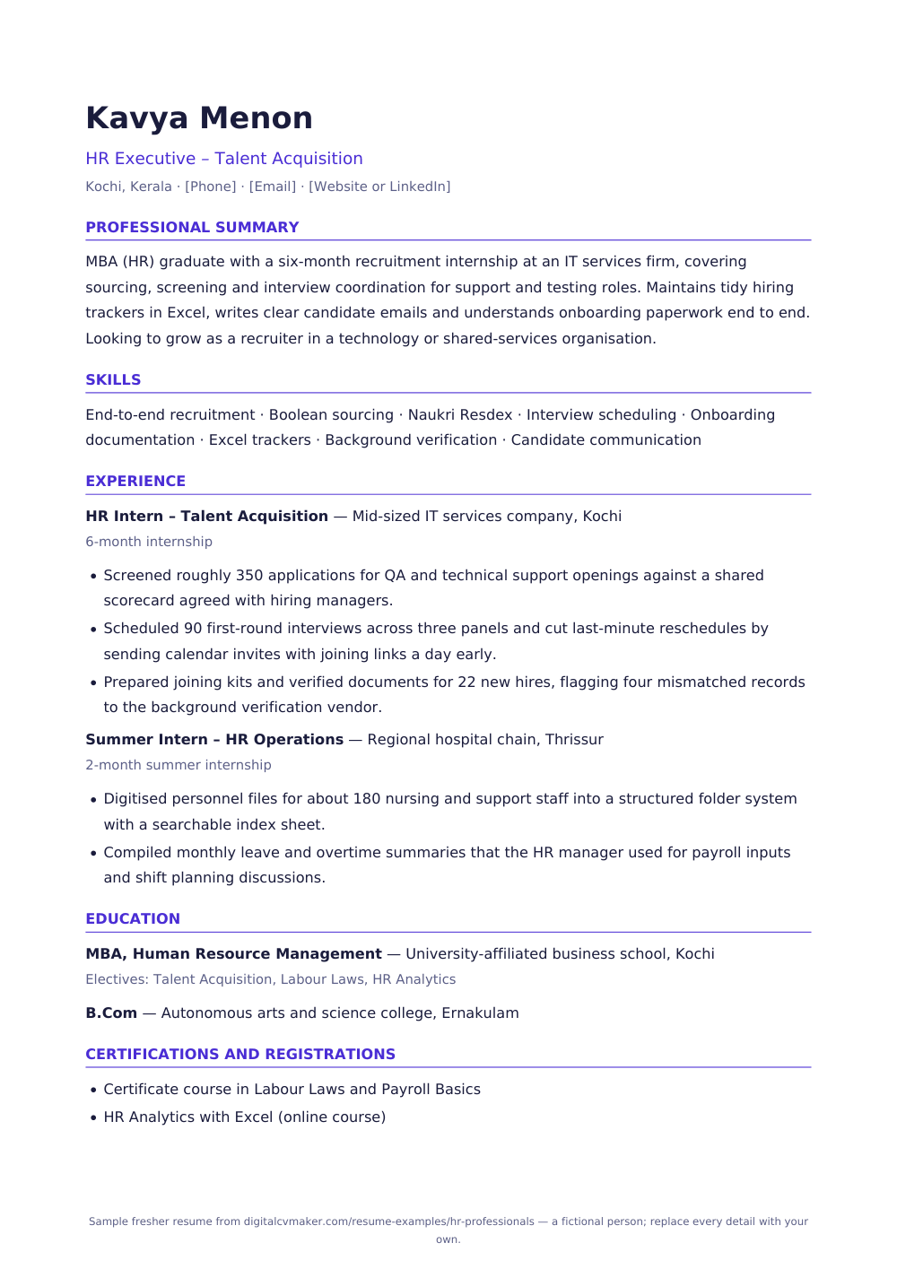 Sample fresher HR professional resume (page 1)