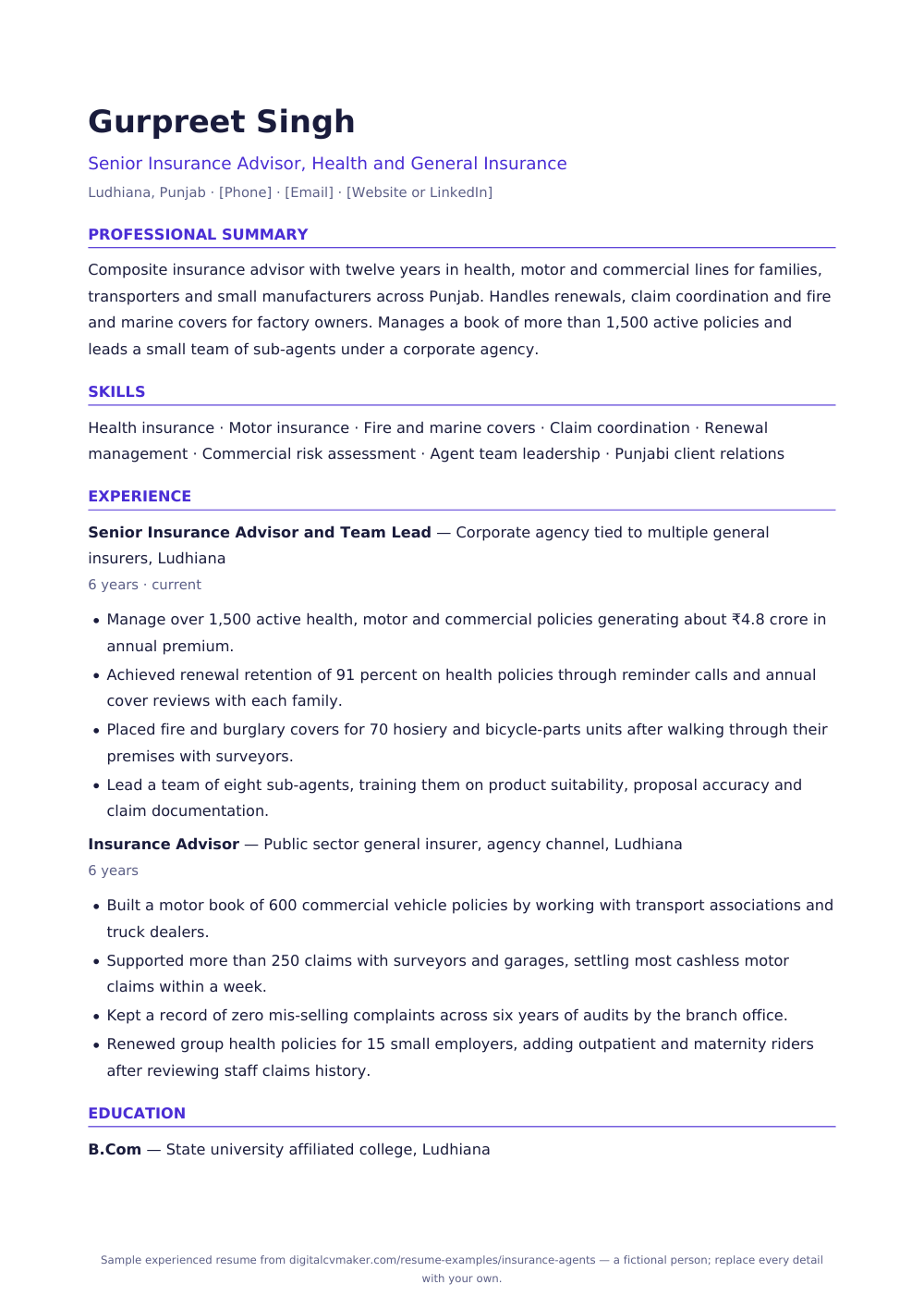 Sample experienced insurance agent resume (page 1)