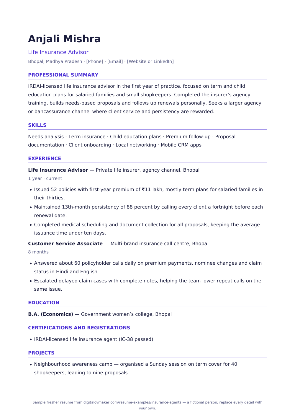 Sample fresher insurance agent resume (page 1)