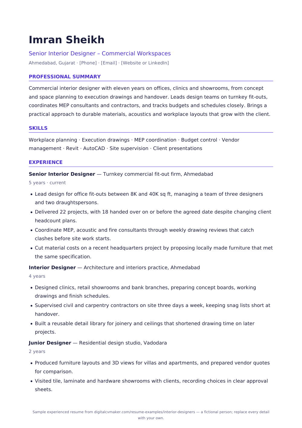 Sample experienced interior designer resume (page 1)